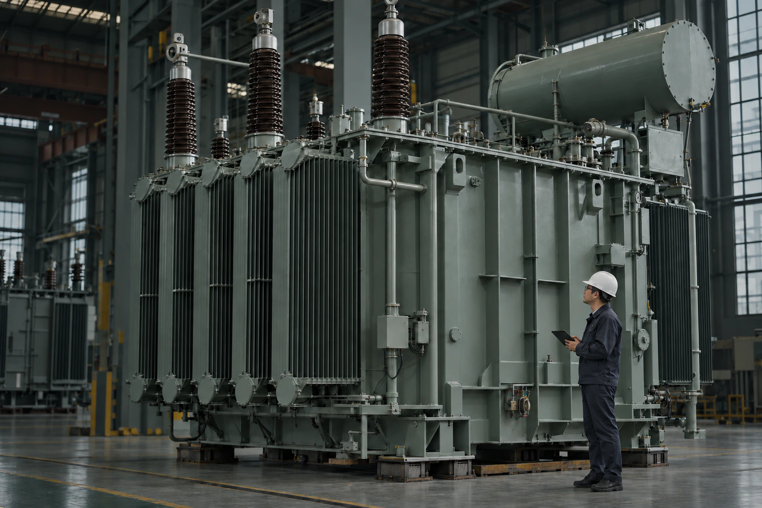 Asian engineer inspecting a large power transformer with a tablet
