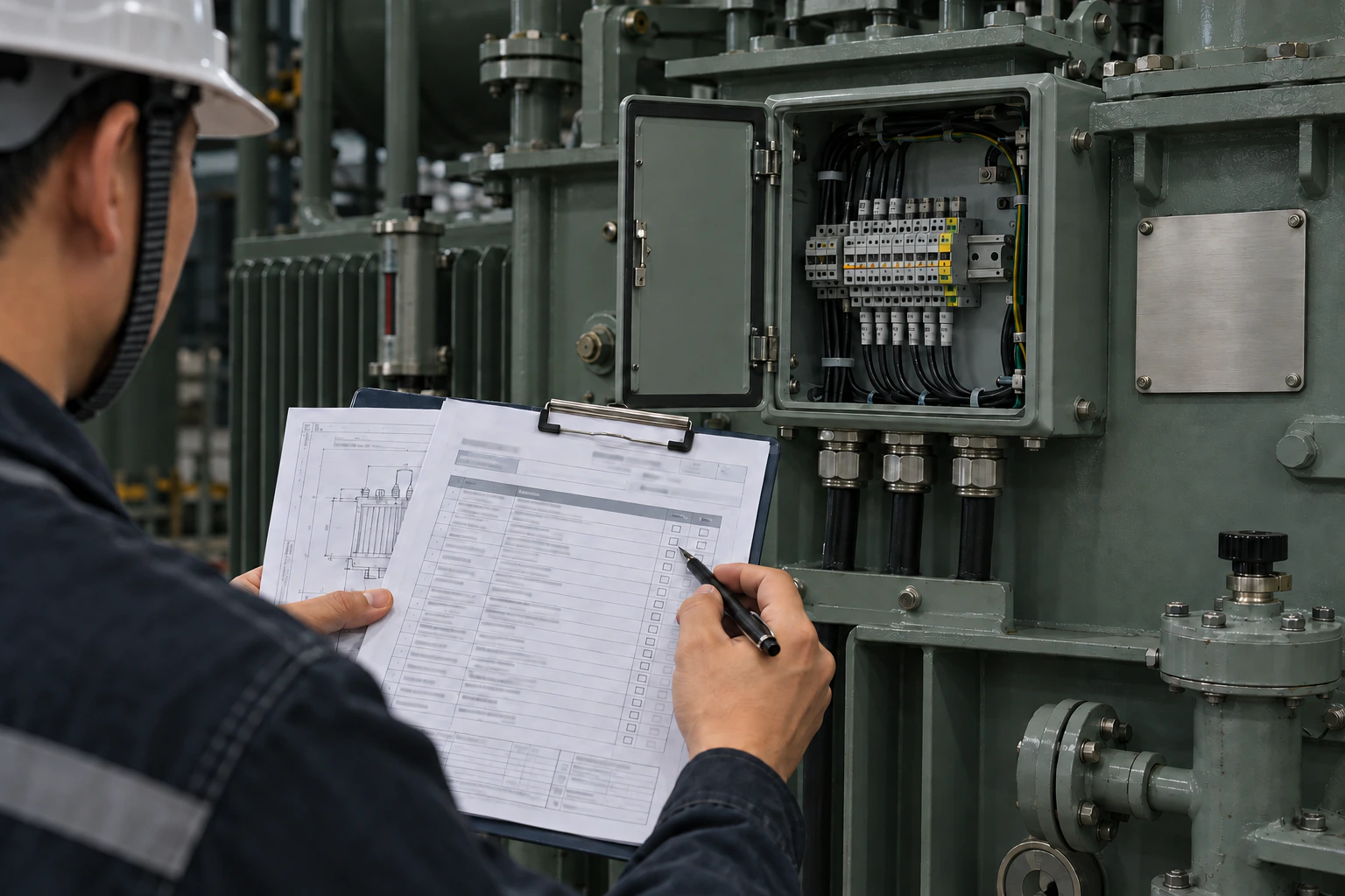 Engineer checking an open terminal box with an inspection document