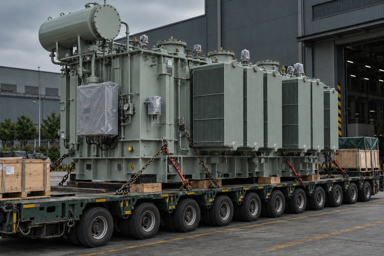 Large power transformer secured for heavy project transportation
