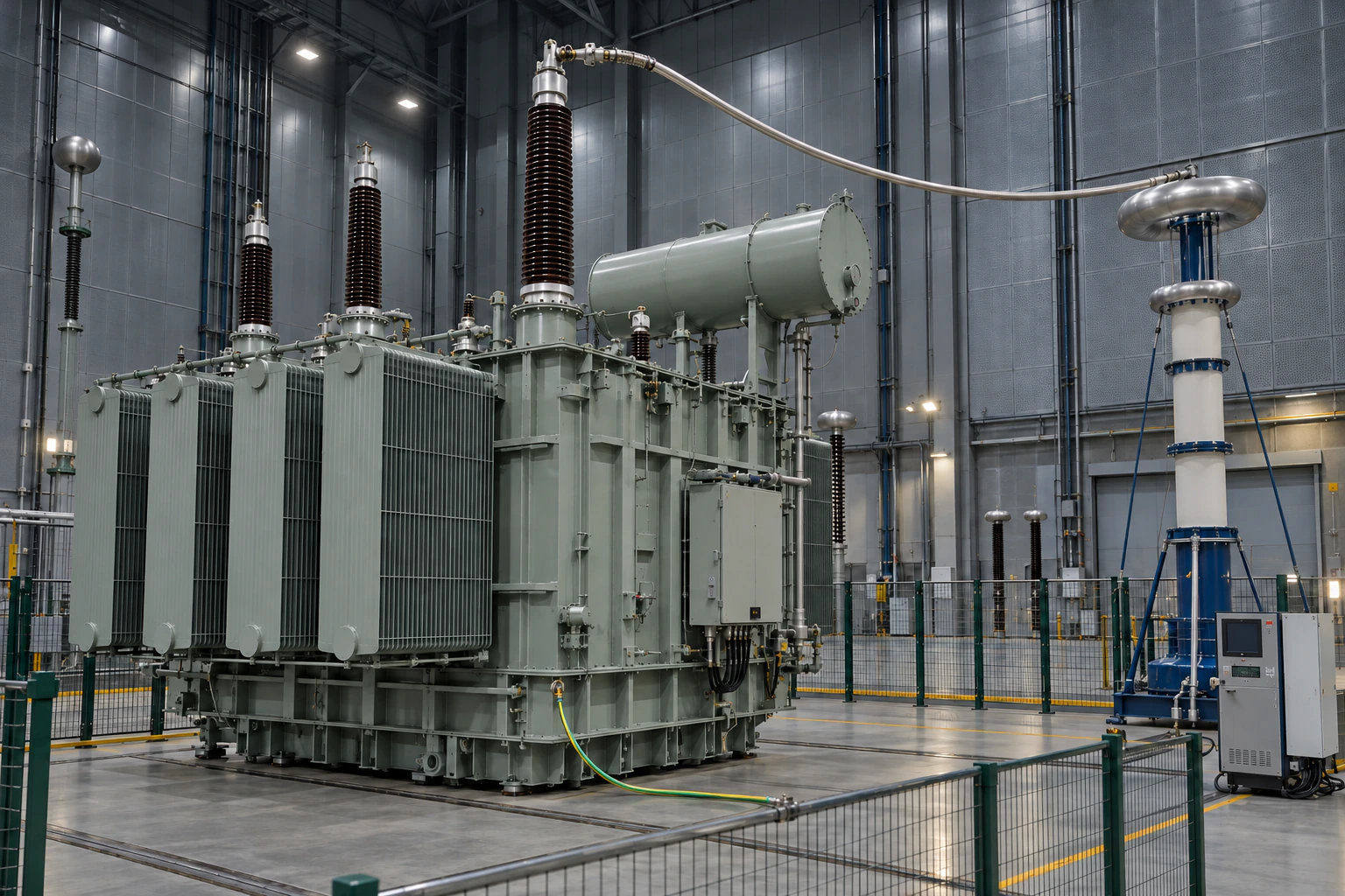 Power transformer undergoing factory acceptance testing in a high-voltage test hall