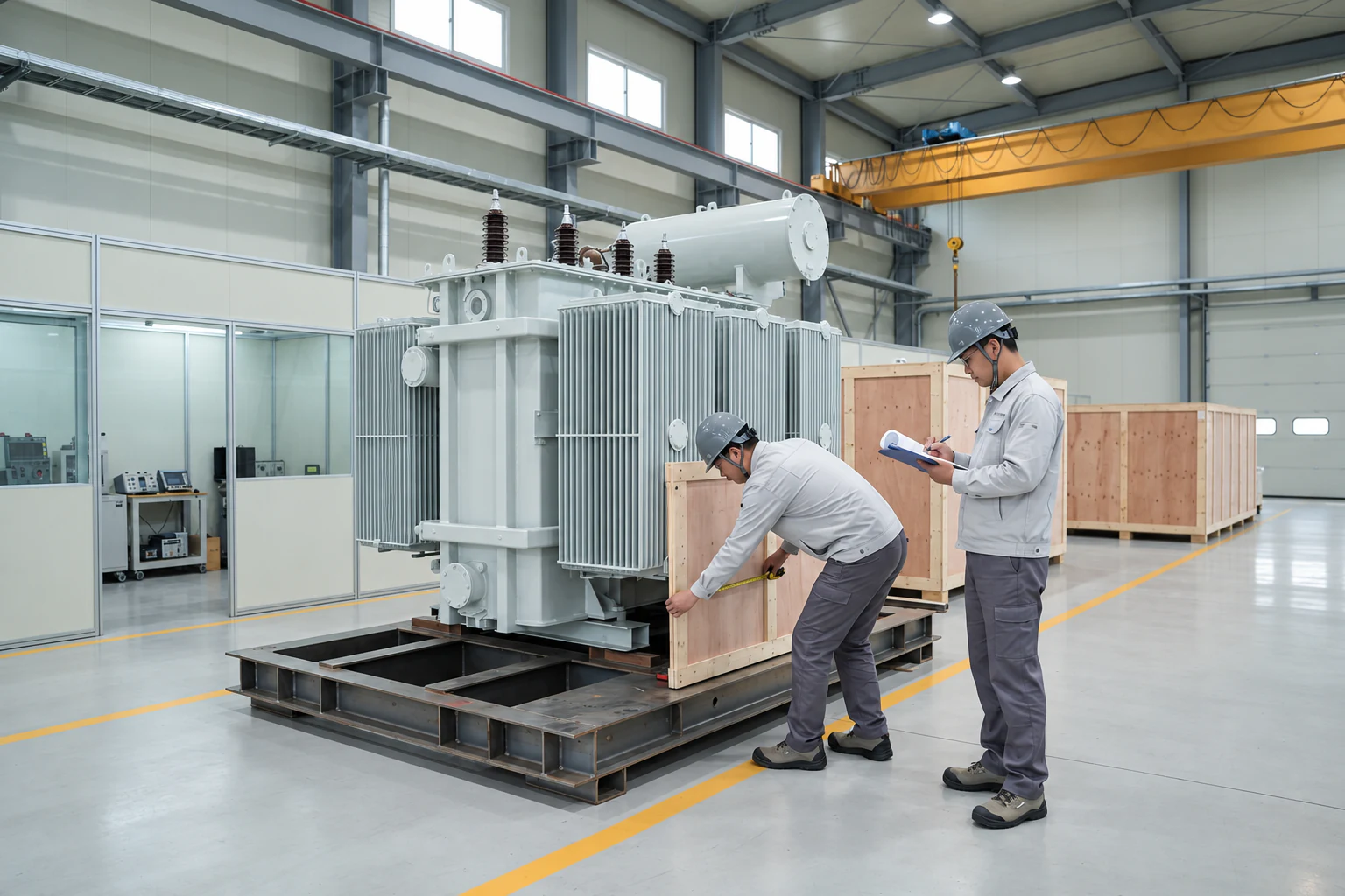 Two engineers inspecting a power transformer on a steel base beside packing crates