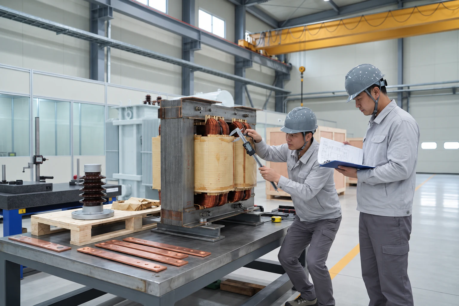 Two engineers inspecting a transformer core and windings with a caliper and drawing